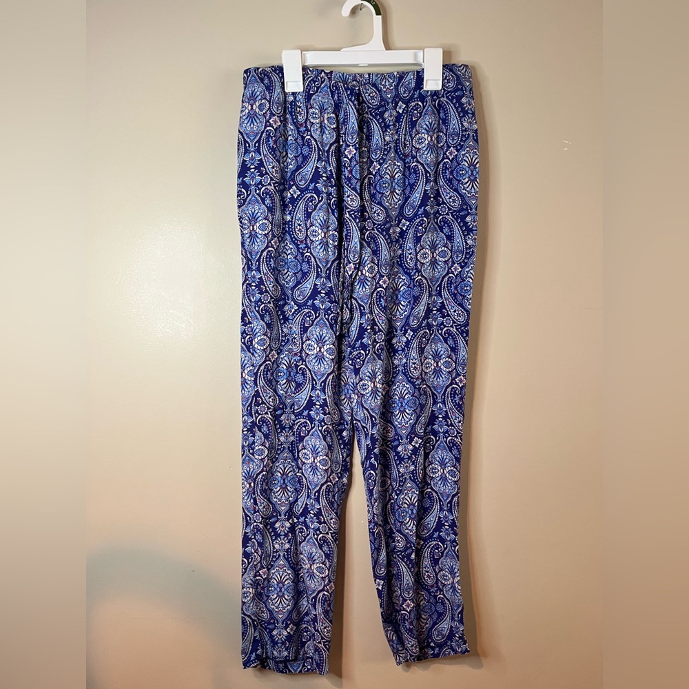 Cynthia Rowley Blue Boho Print Straight Leg Tie Waist Resort Pants NWOT